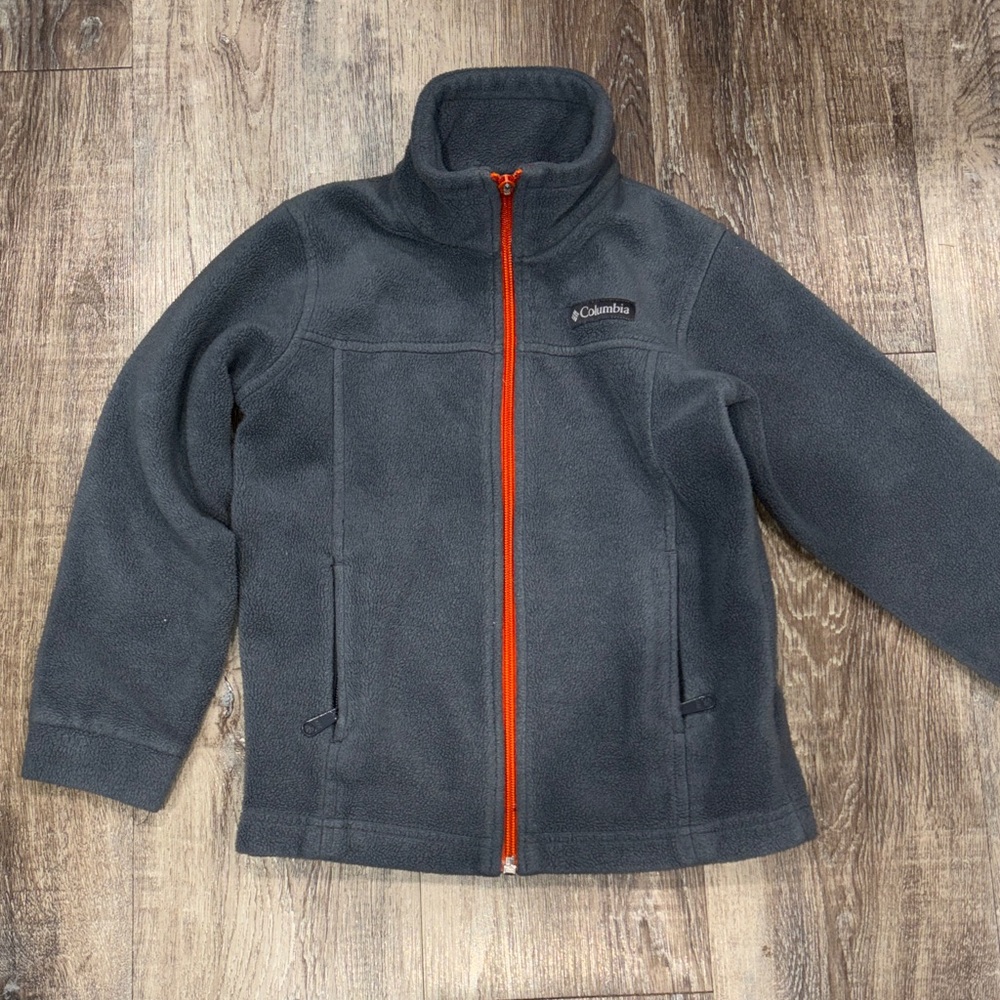 Kids Columbia Charcoal Fleece Jacket with Vibrant Orange Zipper Sz xs 6-7